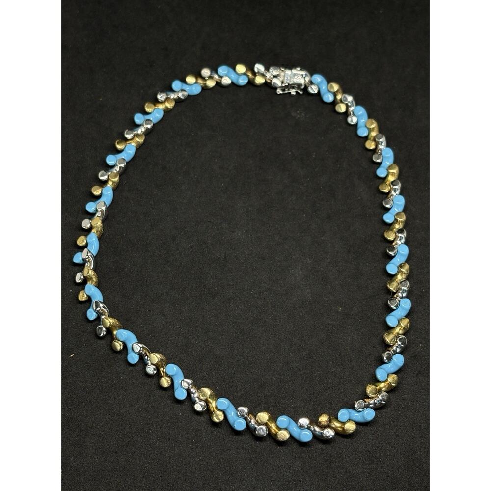 Vintage Sterling Silver 925 3 Tone Gold Turquoise Enamel Twisted Necklace KR 32g - Picture 8 of 13